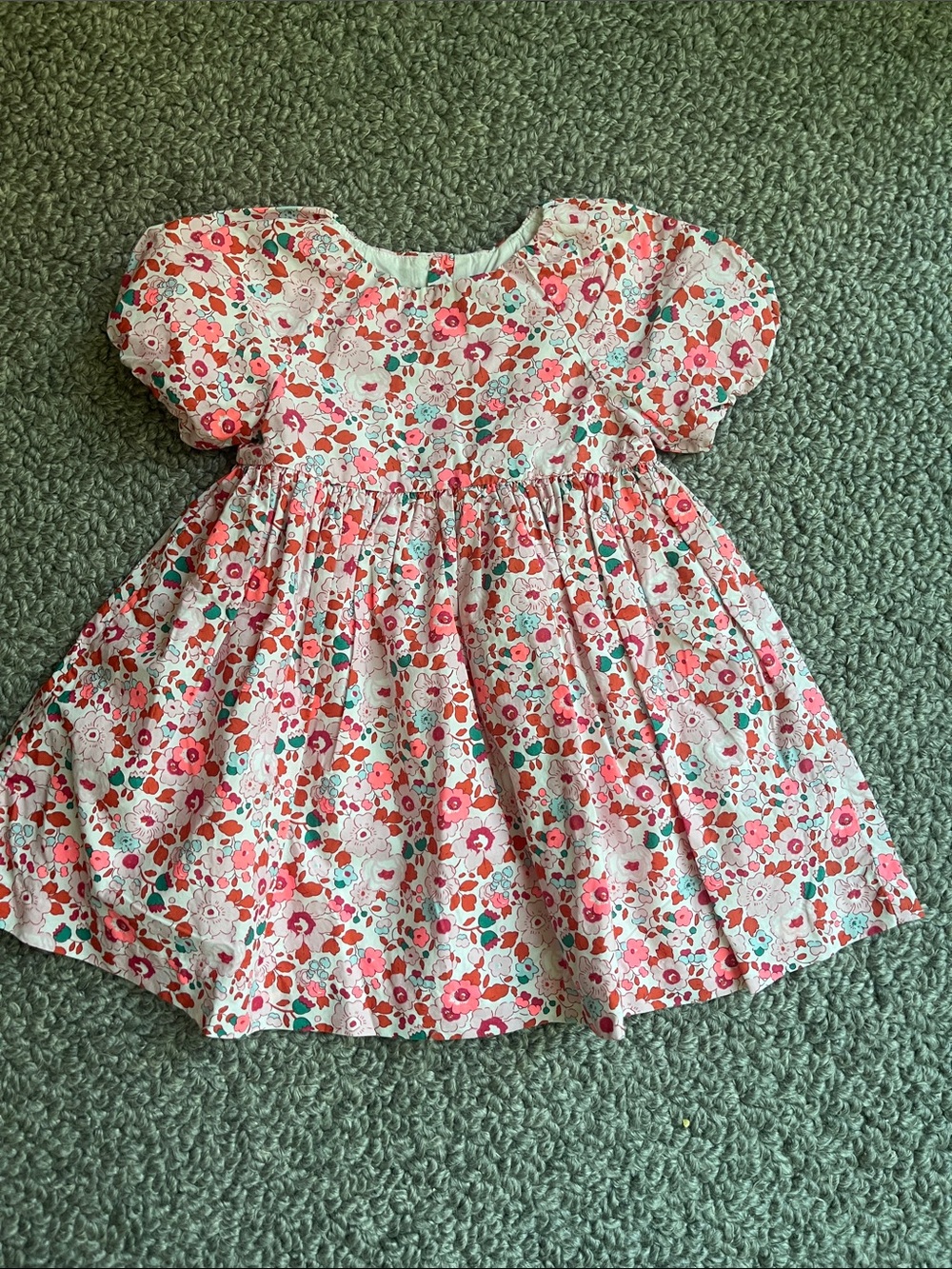 Jacadi Floral Puff-Sleeve Dress in Pink, Coral and Mint